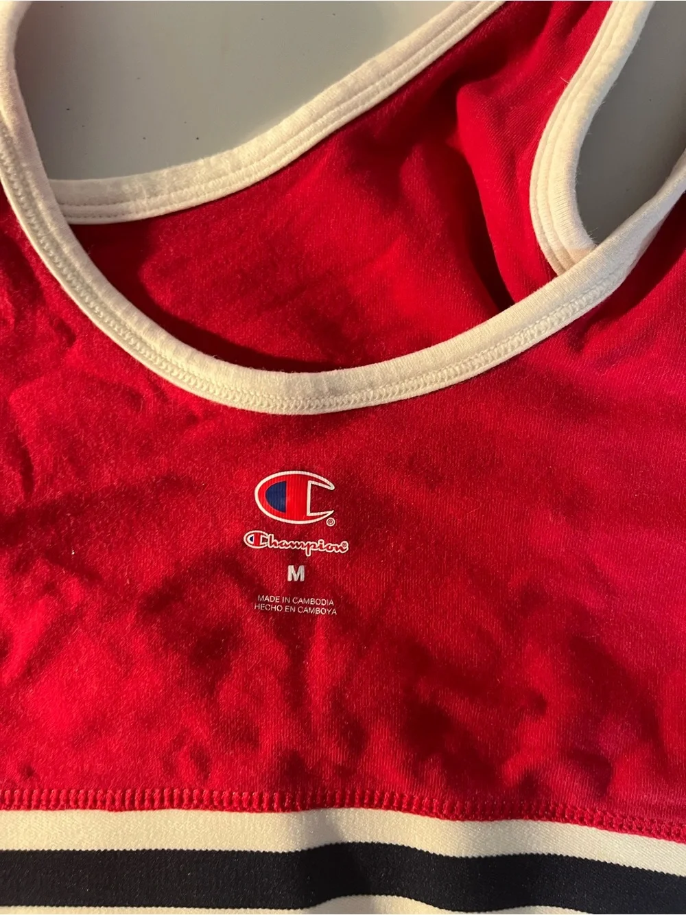 Champion Red Logo Crop Sports Bra Bralette Contrast Trim Bold Scoop Neck
